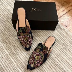 J. Crew Pointed Toe Slides in Floral Navy Brocade